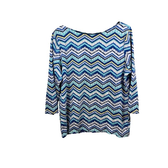 Kim Rogers Petite PXL Top Chevron Blue White Yellow 3/4 Sleeve Knit - Picture 1 of 12